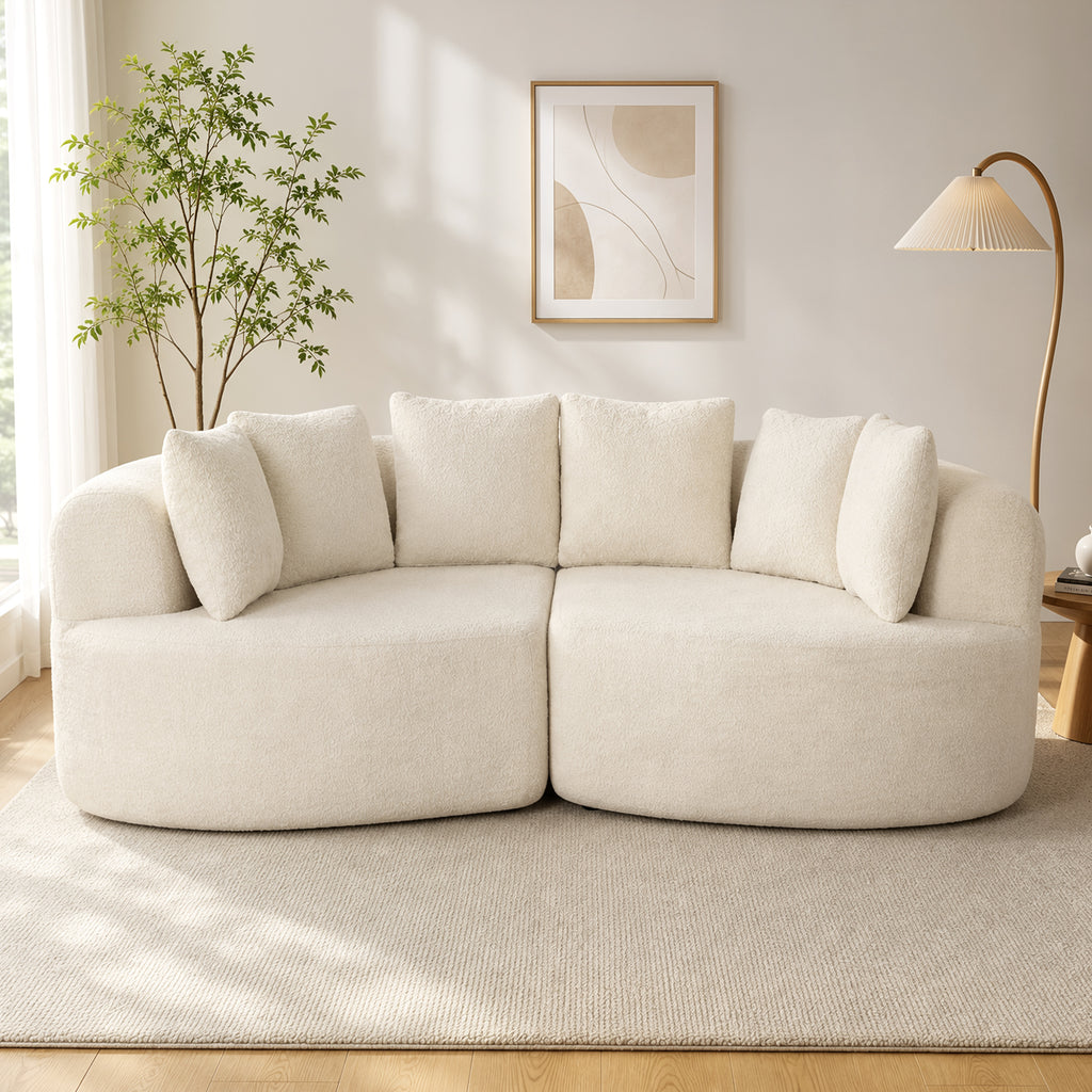 Canapé 3 Places Incurvé en Chenille 188 cm, Canapé Salon avec Assise Profonde, 6 Coussins, Rembourrage Épais, Crème