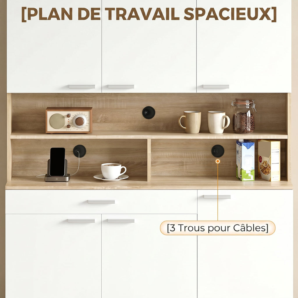 Buffet haut cuisine, armoire de cuisine, 6 portes, tiroir et étagères ouvertes, 120x40x175cm, blanc et bois naturel