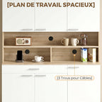 Buffet haut cuisine, armoire de cuisine, 6 portes, tiroir et étagères ouvertes, 120x40x175cm, blanc et bois naturel
