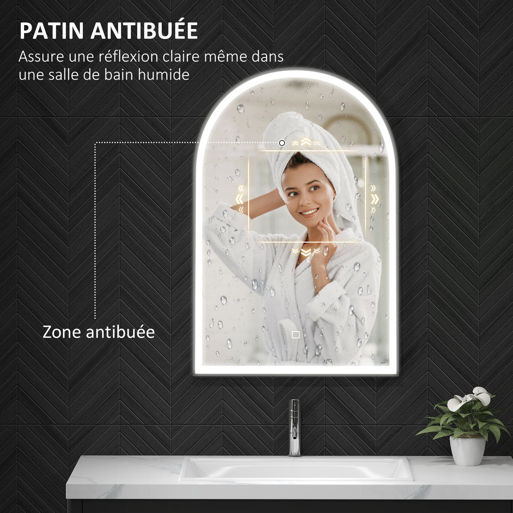 Miroir de salle de bain LED 90 x 60cm, mural, 3 couleurs, arqué cadre en aluminium, désembuage et interrupteur tactile
