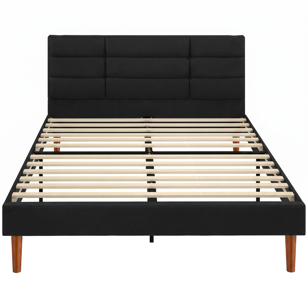 Cadre de Lit 140 x 200 cm avec Sommier Bois, Lit Double Rembourré en Effet Lin, Rangement au-dessous, Sans Bruit, Noir