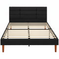Cadre de Lit 140 x 200 cm avec Sommier Bois, Lit Double Rembourré en Effet Lin, Rangement au-dessous, Sans Bruit, Noir