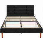 Cadre de Lit 140 x 200 cm avec Sommier Bois, Lit Double Rembourré en Effet Lin, Rangement au-dessous, Sans Bruit, Noir