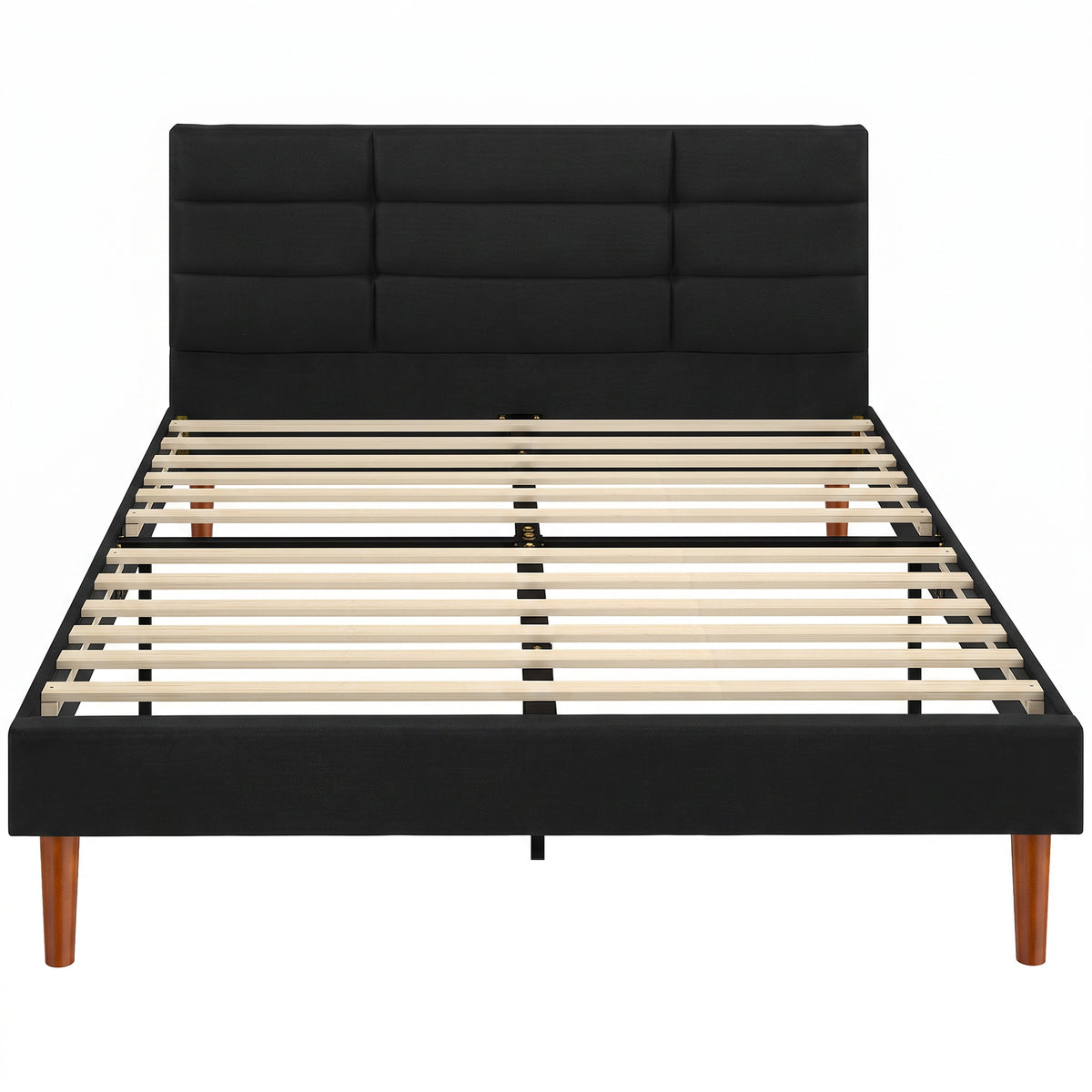 Cadre de Lit 140 x 200 cm avec Sommier Bois, Lit Double Rembourré en Effet Lin, Rangement au-dessous, Sans Bruit, Noir