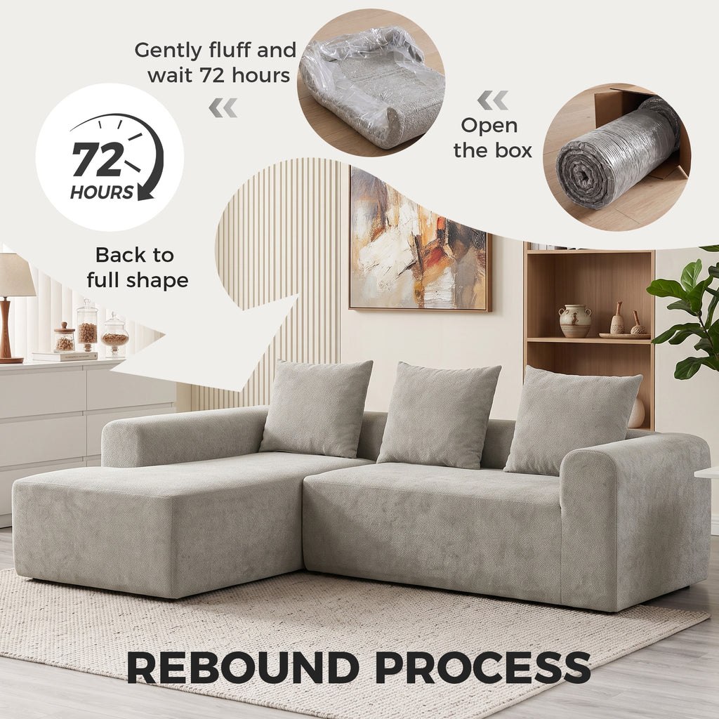 Canapé d'Angle en Chenille, Canapé 3 Places en L 242 cm avec Méridienne, Assise Profonde, Accoudoirs Larges, Gris Clair