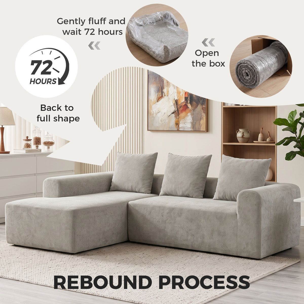 Canapé d'Angle en Chenille, Canapé 3 Places en L 242 cm avec Méridienne, Assise Profonde, Accoudoirs Larges, Gris Clair