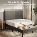 Cadre de Lit 140 x 190 cm avec Sommier et Tête Réglable, Lit Double Rembourré en Lin, Rangement au-dessous, Gris