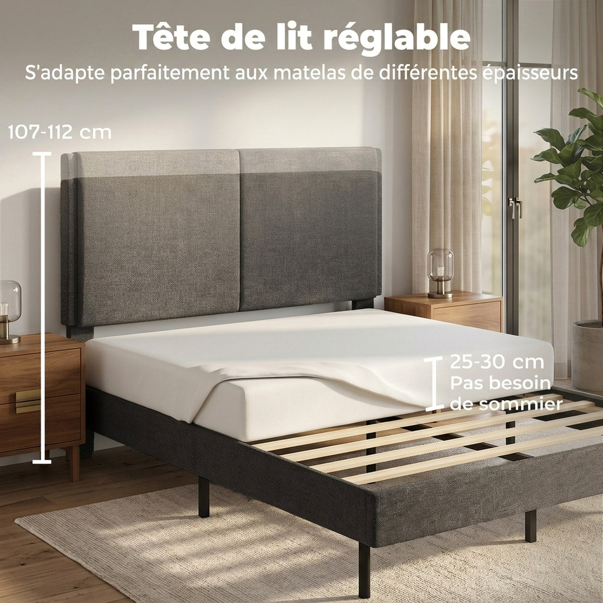 Cadre de Lit 140 x 190 cm avec Sommier et Tête Réglable, Lit Double Rembourré en Lin, Rangement au-dessous, Gris