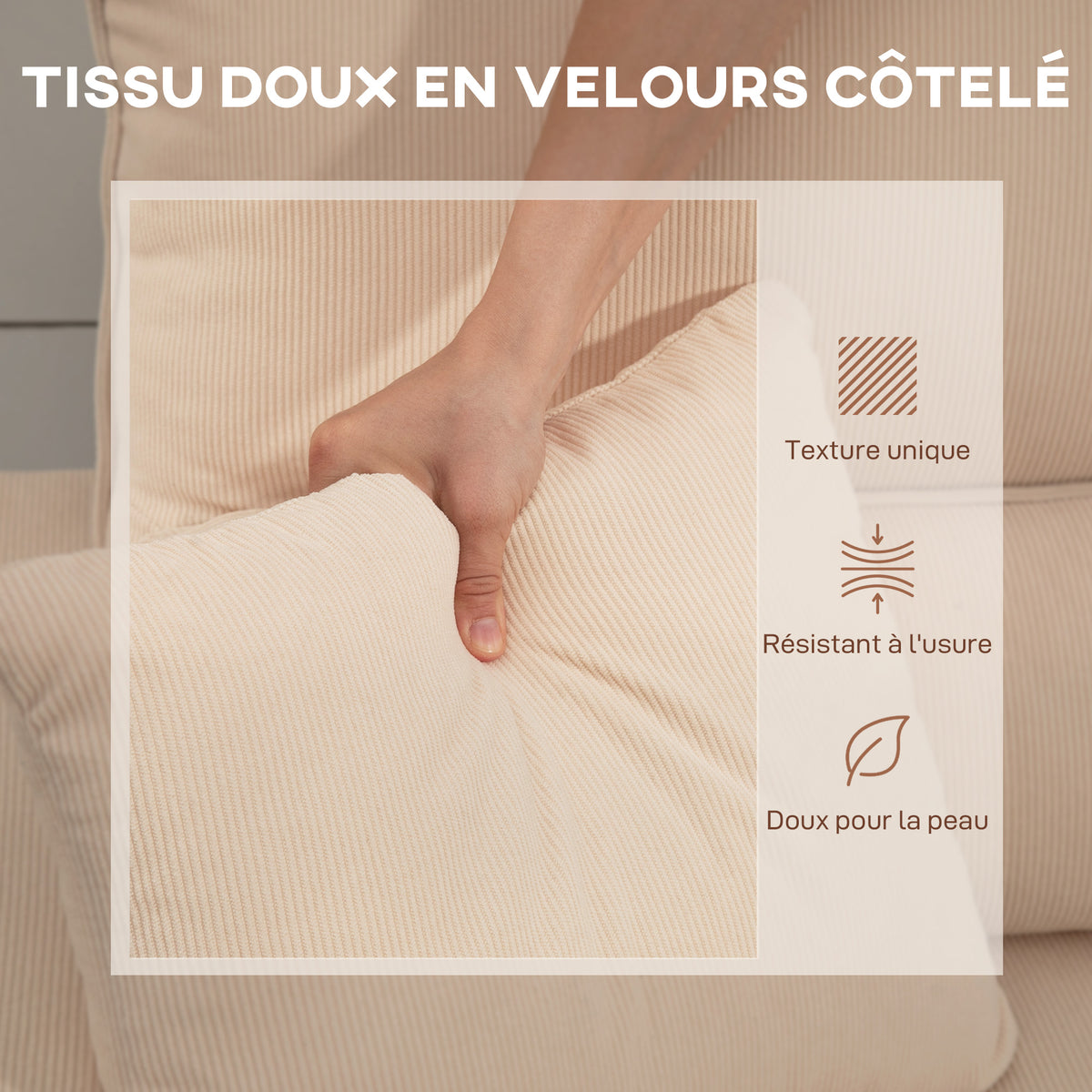 Canapé d'angle convertible en velours côtelé, canapé-lit 3 places avec rangement caché, coussins, 205x135x76cm, beige