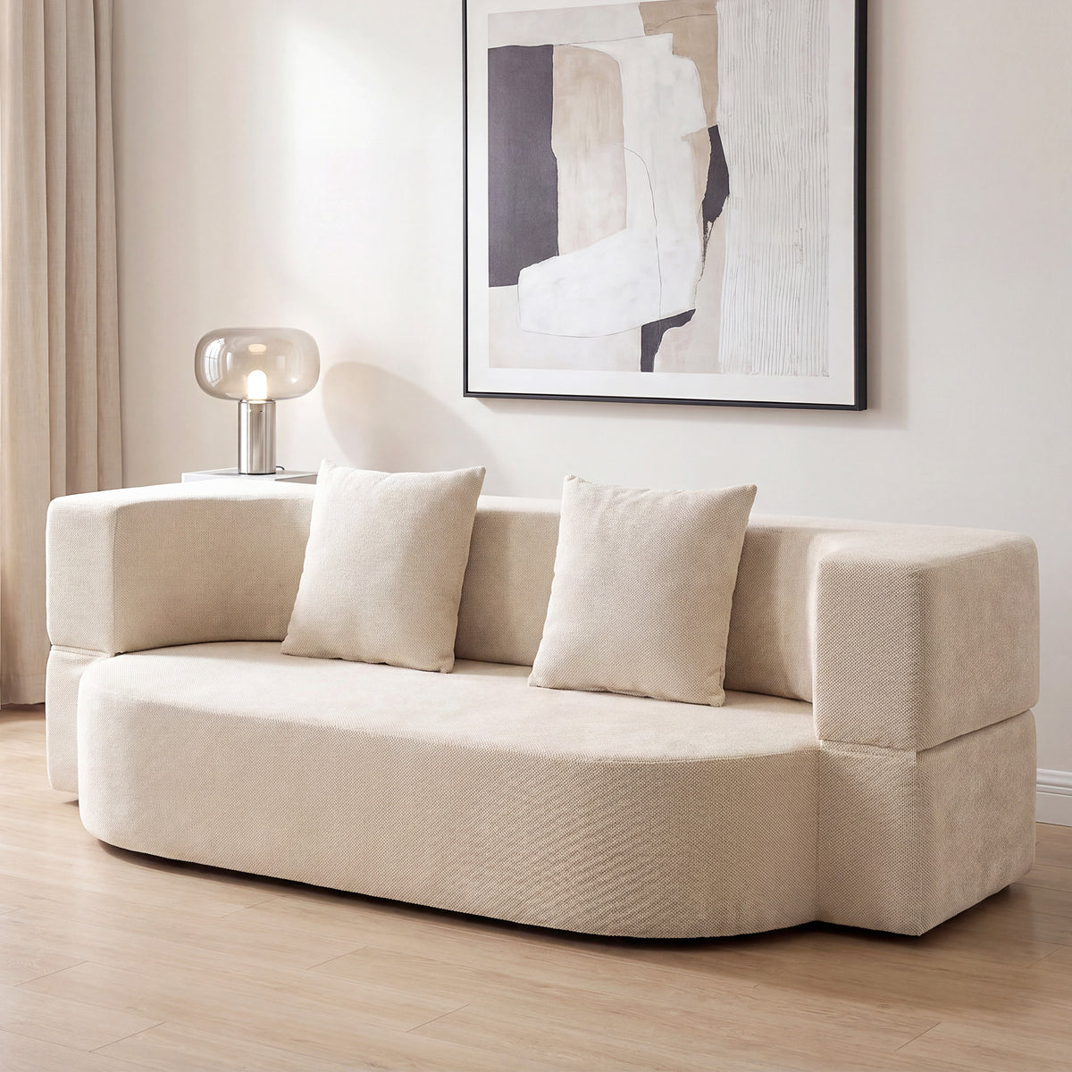 Canapé Convertible 2 Places, Canapé-Lit en Chenille 190cm, Dossier Rabattable, Assise et Accoudoirs Larges, Beige