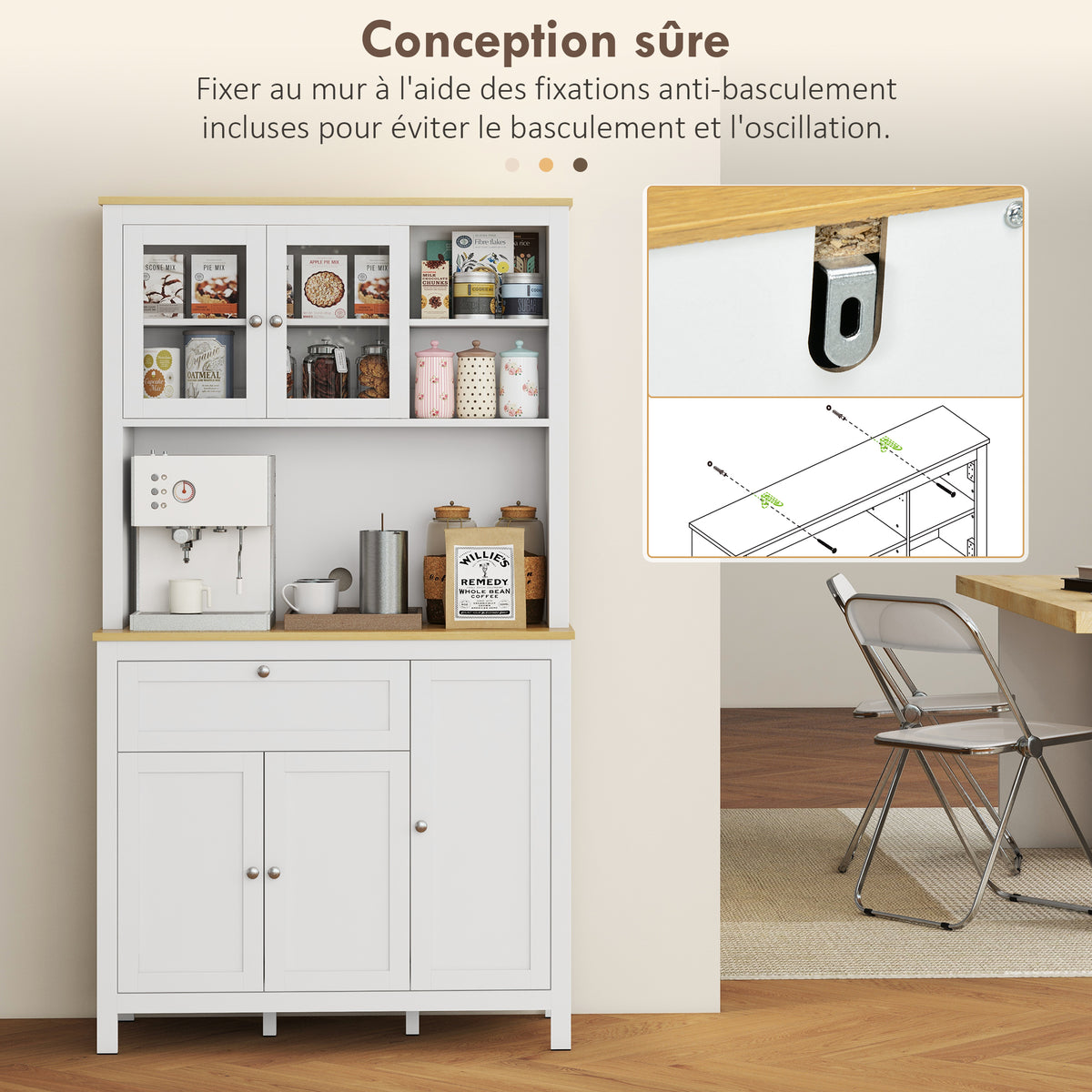 Buffet de cuisine haut 5 portes dont 2 portes vitrées et 1 tiroir, 1 niche centrale - hauteur 180 cm blanc