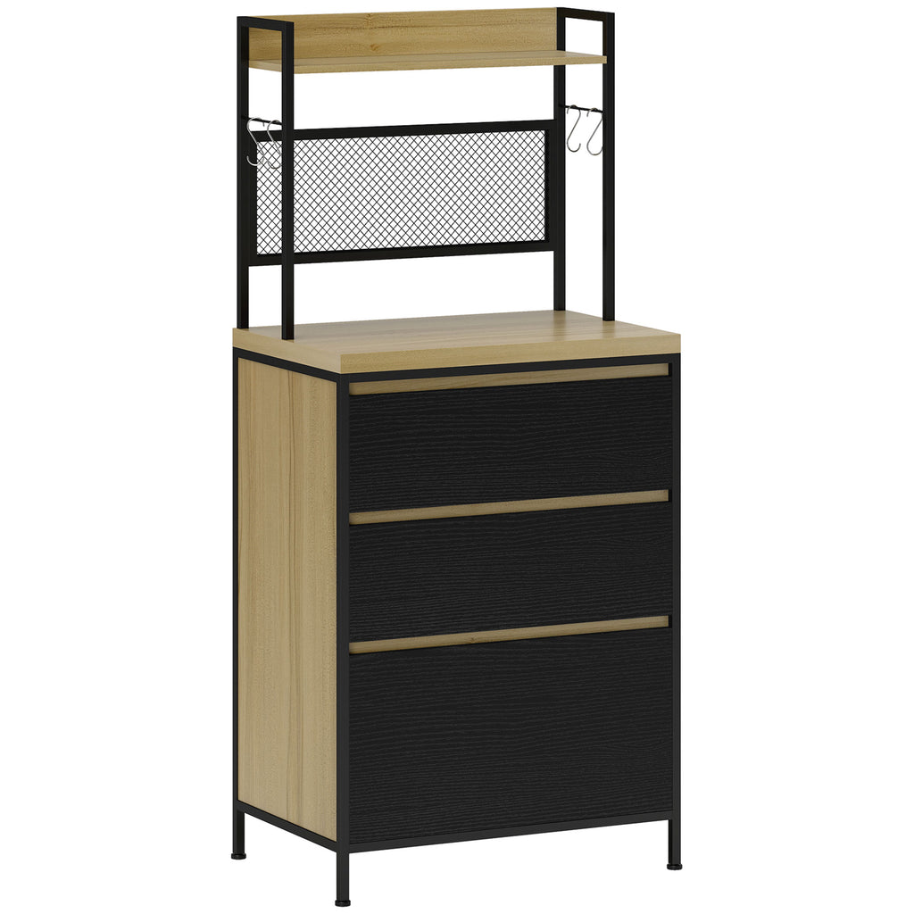 Armoire de cuisine style industriel avec 3 tiroirs, plan de travail, étagère et 4 crochets, 60x40x132cm