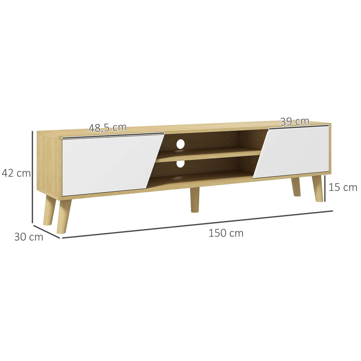 Meuble TV Scandinave 150 cm – 2 Portes, 2 Niches, Passe-Câbles – Pour TV jusqu'à 65"
