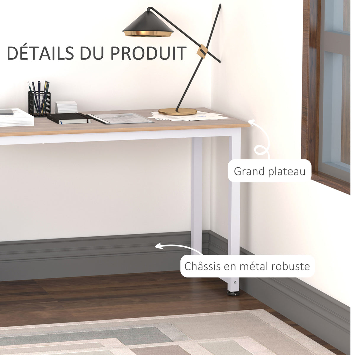 Bureau d'ordinateur  120L x 60l x 76H cm chêne et Blanc Multifonction Grand Plateau Cadre Robuste en métal