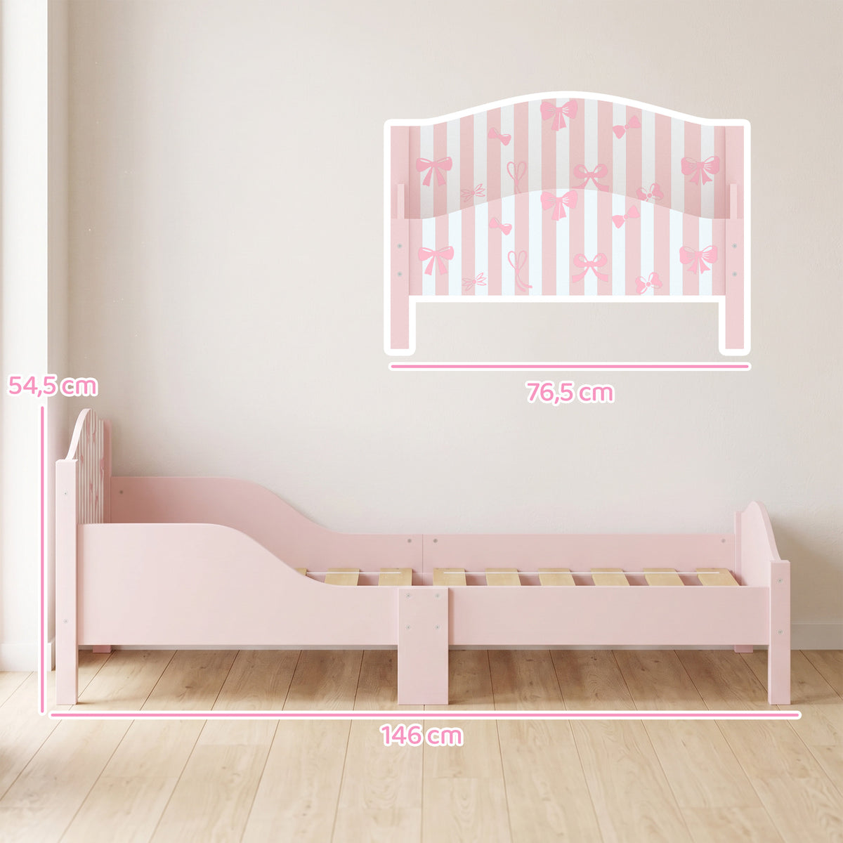 Lit Enfant 70 x 140 cm, Lit pour Enfant avec Barrière de Sécurité et Sommier à Lattes en Bois, Motif Nœud, Rose