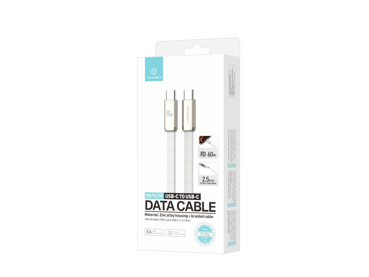 Câble USB-C vers USB-C 1m 60W Tressé Ultrafin – Charge Rapide PD | TECHANCY TB1804