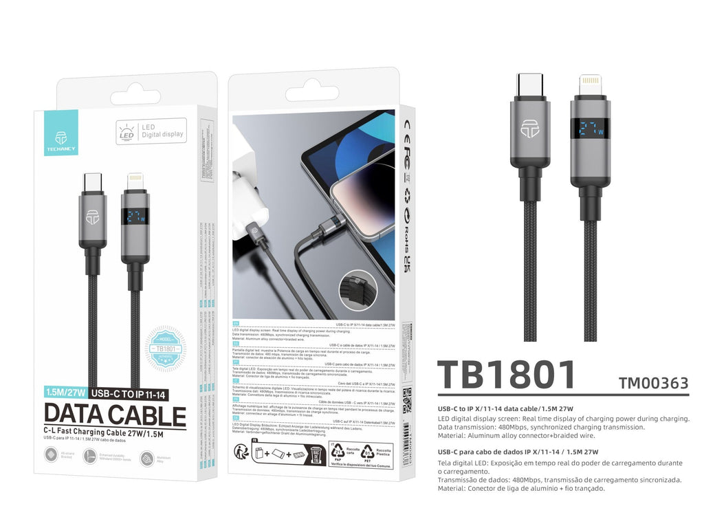 Câble USB-C vers Lightning 1,5m 27W – Charge Rapide & Écran LED | TECHANCY TB1801