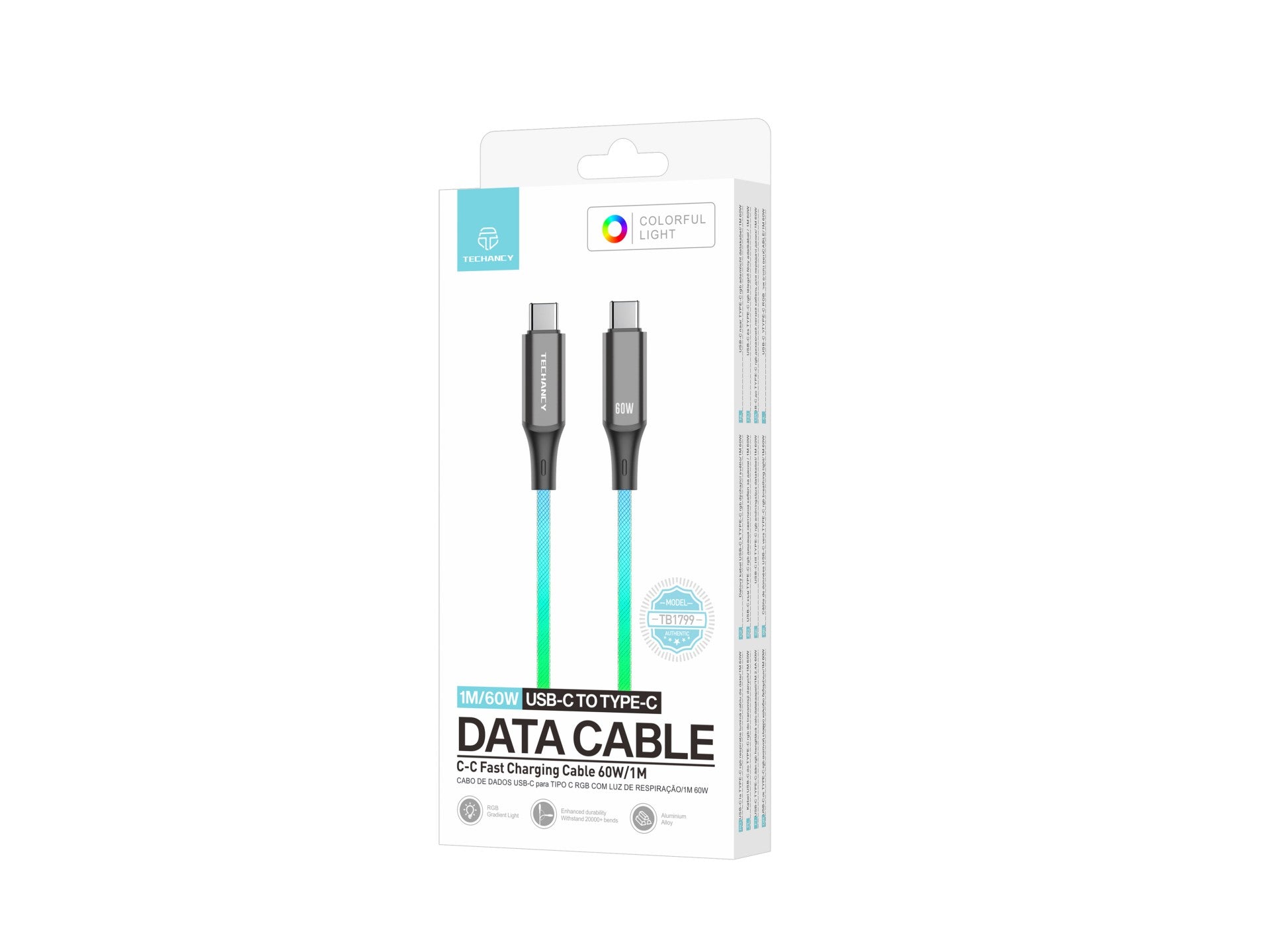 Câble USB-C vers USB-C 1m 60W RGB – Illumination Colorée & Charge Rapide | TECHANCY TB1799