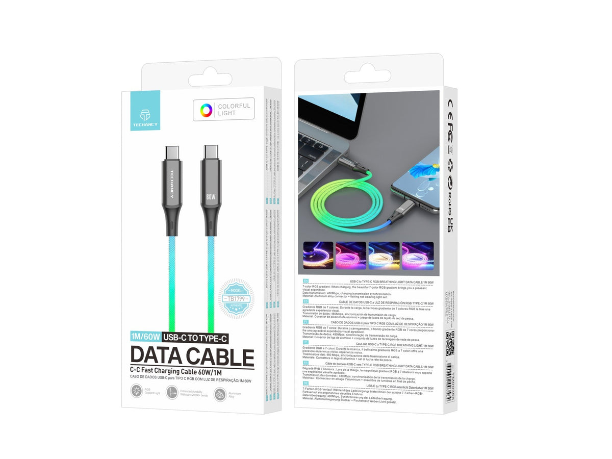 Câble USB-C vers USB-C 1m 60W RGB – Illumination Colorée & Charge Rapide | TECHANCY TB1799