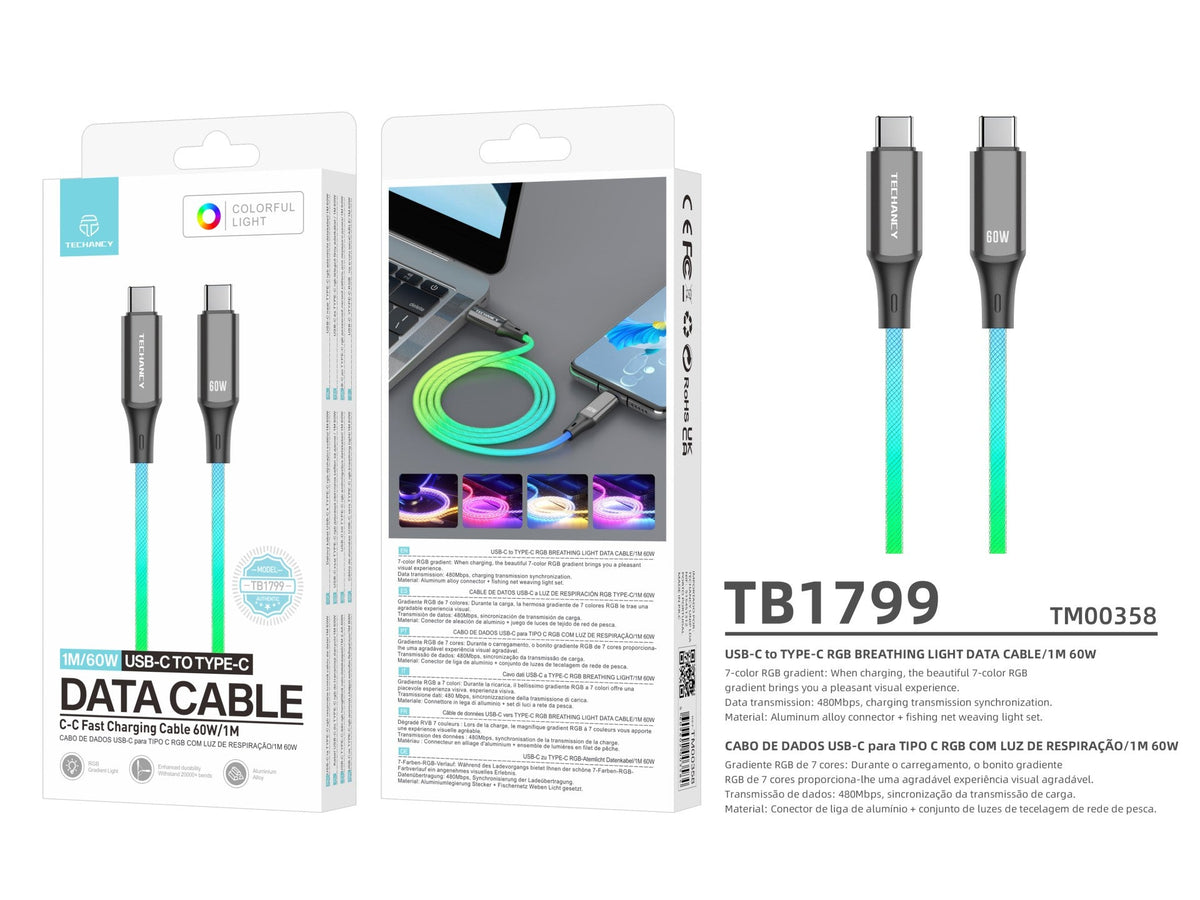 Câble USB-C vers USB-C 1m 60W RGB – Illumination Colorée & Charge Rapide | TECHANCY TB1799