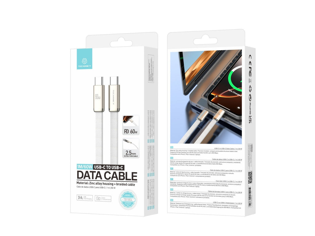 Câble USB-C vers USB-C 1m 60W Tressé Ultrafin – Charge Rapide PD | TECHANCY TB1804