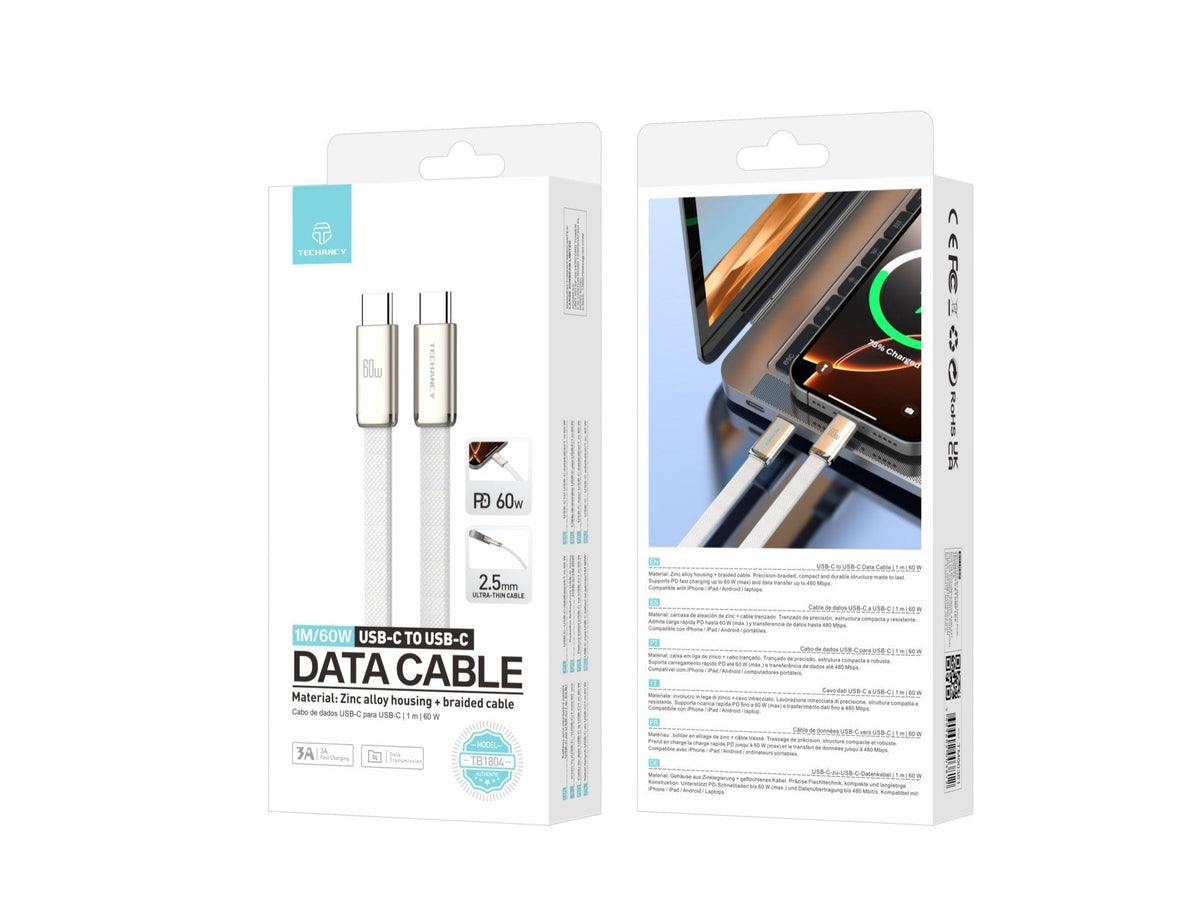Câble USB-C vers USB-C 1m 60W Tressé Ultrafin – Charge Rapide PD | TECHANCY TB1804