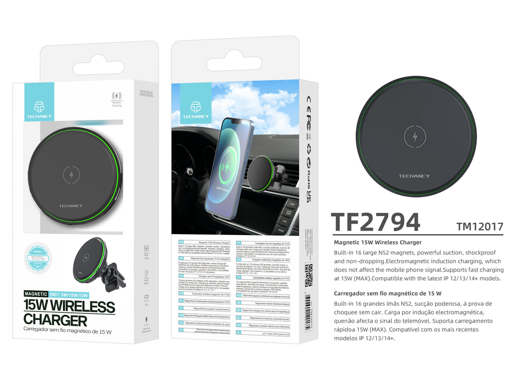 Support Voiture Chargeur Sans Fil 15W Magnétique – Rotation 360° & LED | TECHANCY TF2794