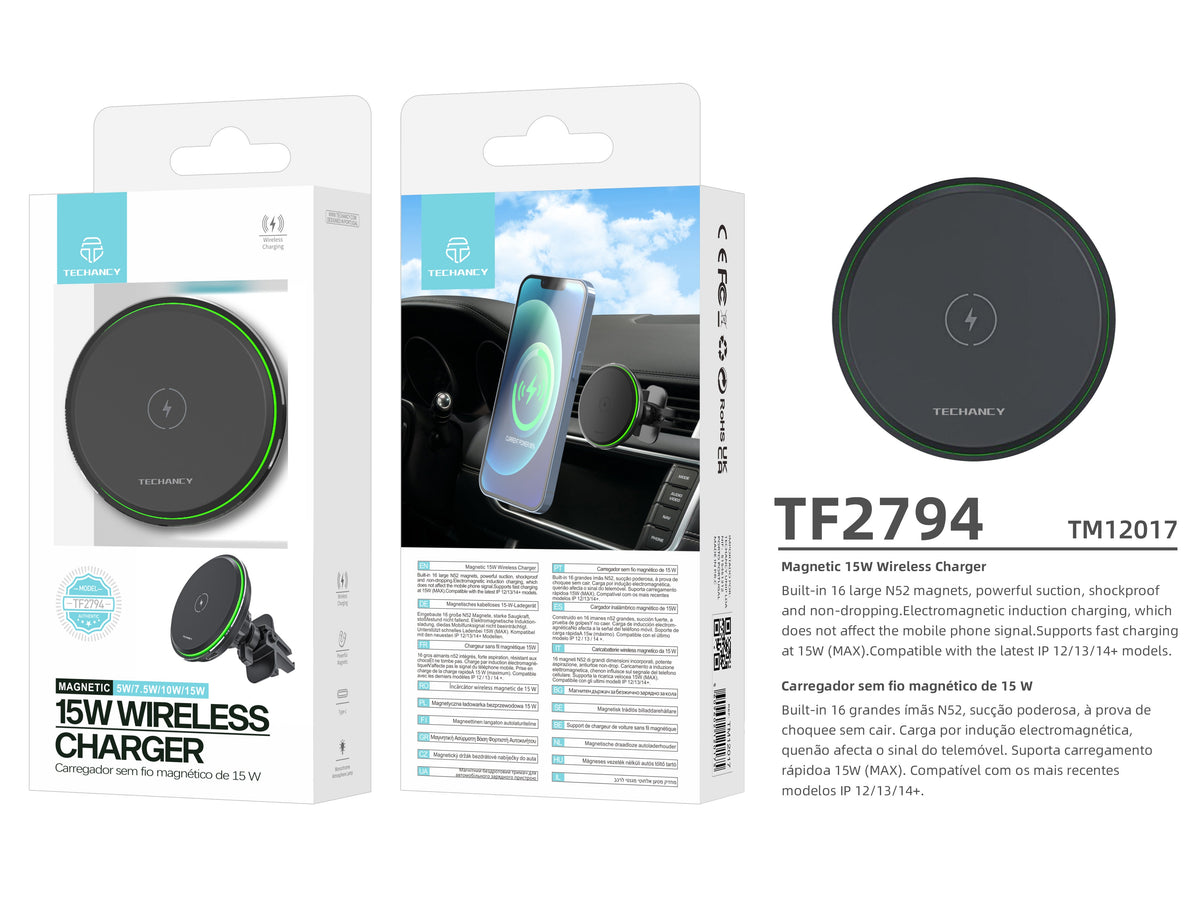 Support Voiture Chargeur Sans Fil 15W Magnétique – Rotation 360° & LED | TECHANCY TF2794