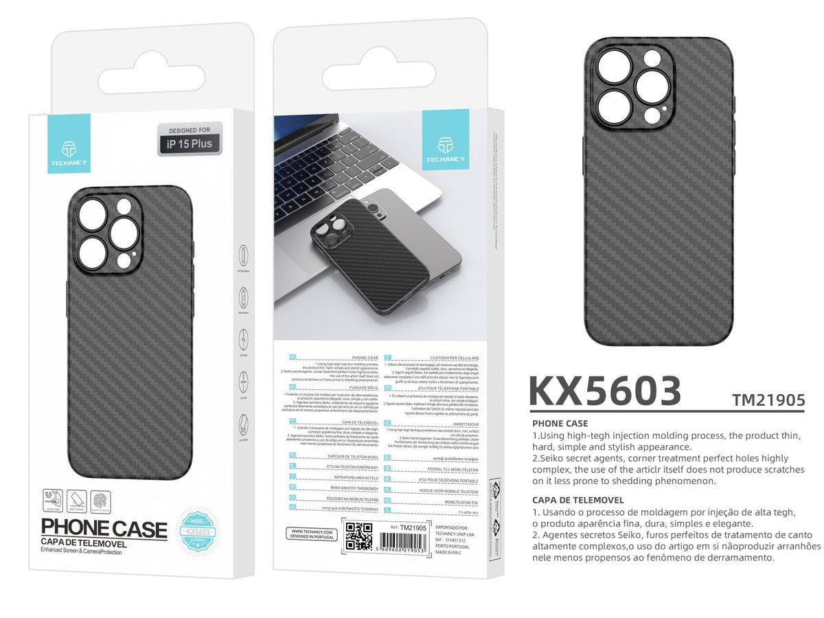 Techancy Capa Para Telemóvel Ultra Fina Em Fibra De Carbono KX5603, Compatível Com Iphone 15 Plus, Material Pp De 0,5 Mm.-3