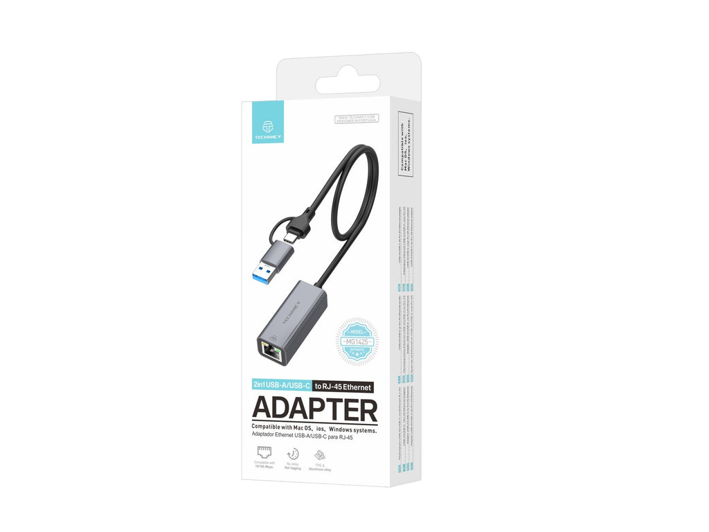 Techancy Adaptador Ethernet  USB-A/USB-C para RJ-45 MG1425 , compatível com Mac OS, iOS, sistemas Windows, 10/100 Mbps