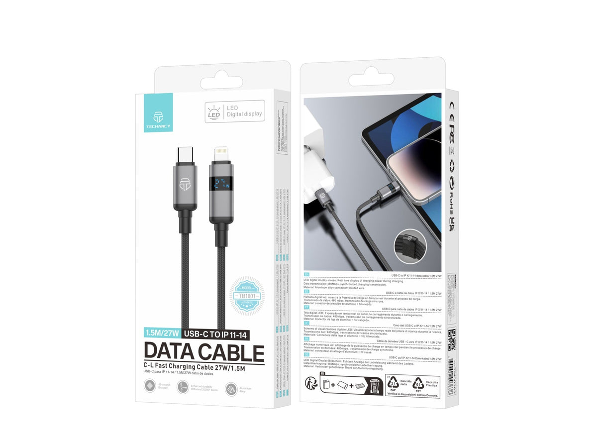 Câble USB-C vers Lightning 1,5m 27W – Charge Rapide & Écran LED | TECHANCY TB1801