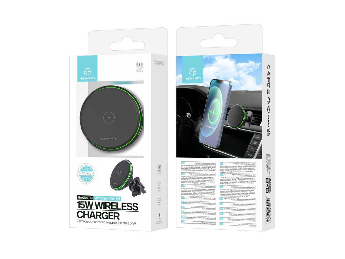 Support Voiture Chargeur Sans Fil 15W Magnétique – Rotation 360° & LED | TECHANCY TF2794