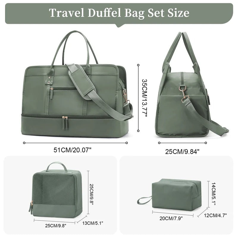 Set Sac de Voyage Femme Nylon – Sac Vêtements & Trousse de Toilette Inclus (Vert)