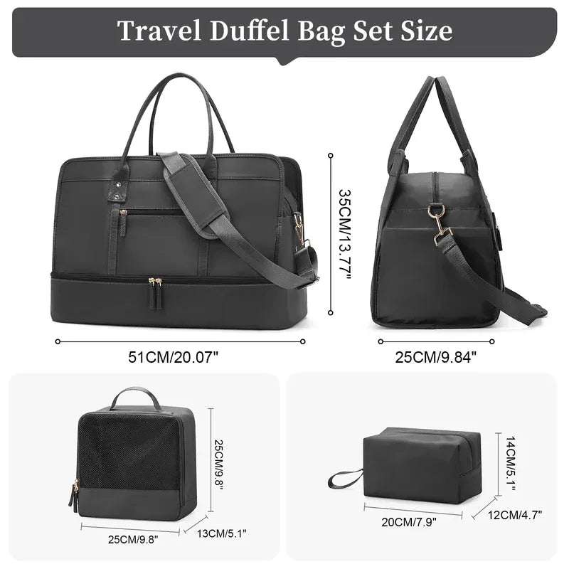 Set Sac de Voyage Femme Nylon – Sac Vêtements & Trousse de Toilette Inclus (Noir)