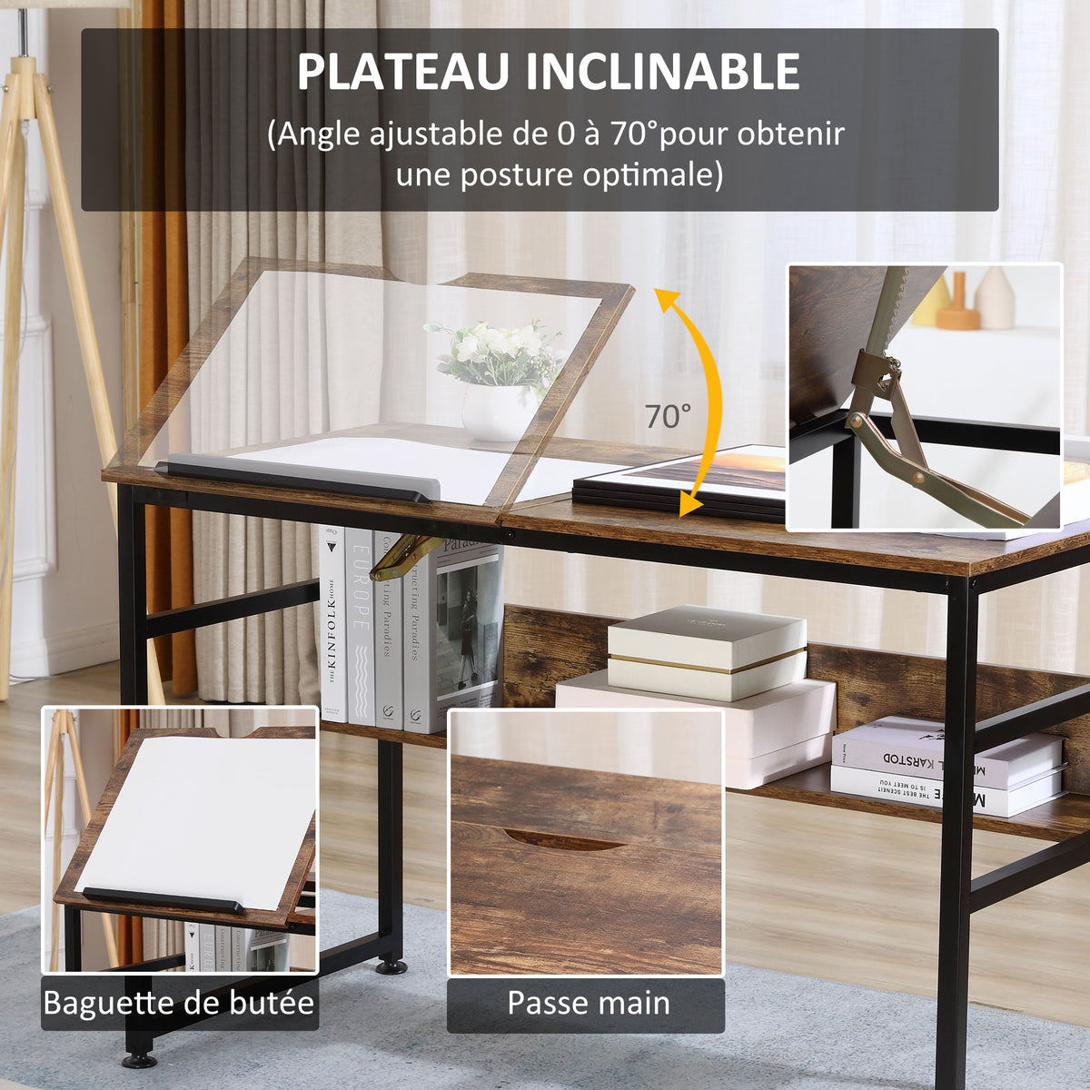 Bureau informatique design industriel - plateau relevable, étagère - panneaux particules aspect vieux bois métal noir
