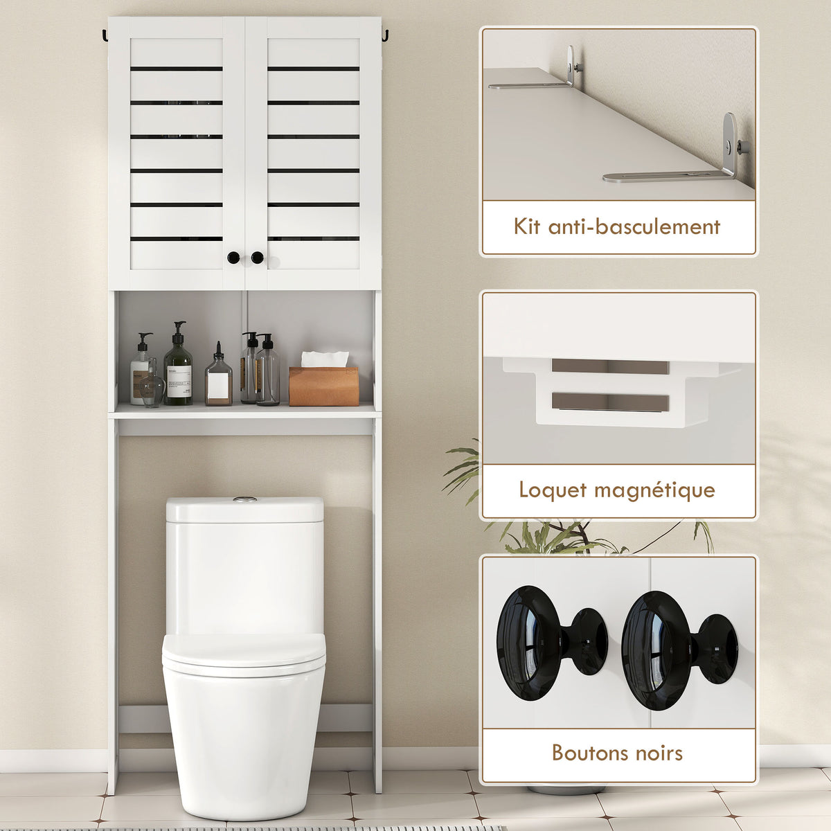 Meuble WC dessus de toilette/machine à laver avec placard à porte double, portes à persiennes, 67x31,5x190cm, blanc