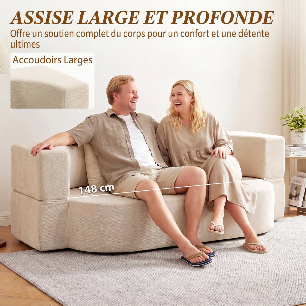 Canapé Convertible 2 Places, Canapé-Lit en Chenille 190cm, Dossier Rabattable, Assise et Accoudoirs Larges, Beige