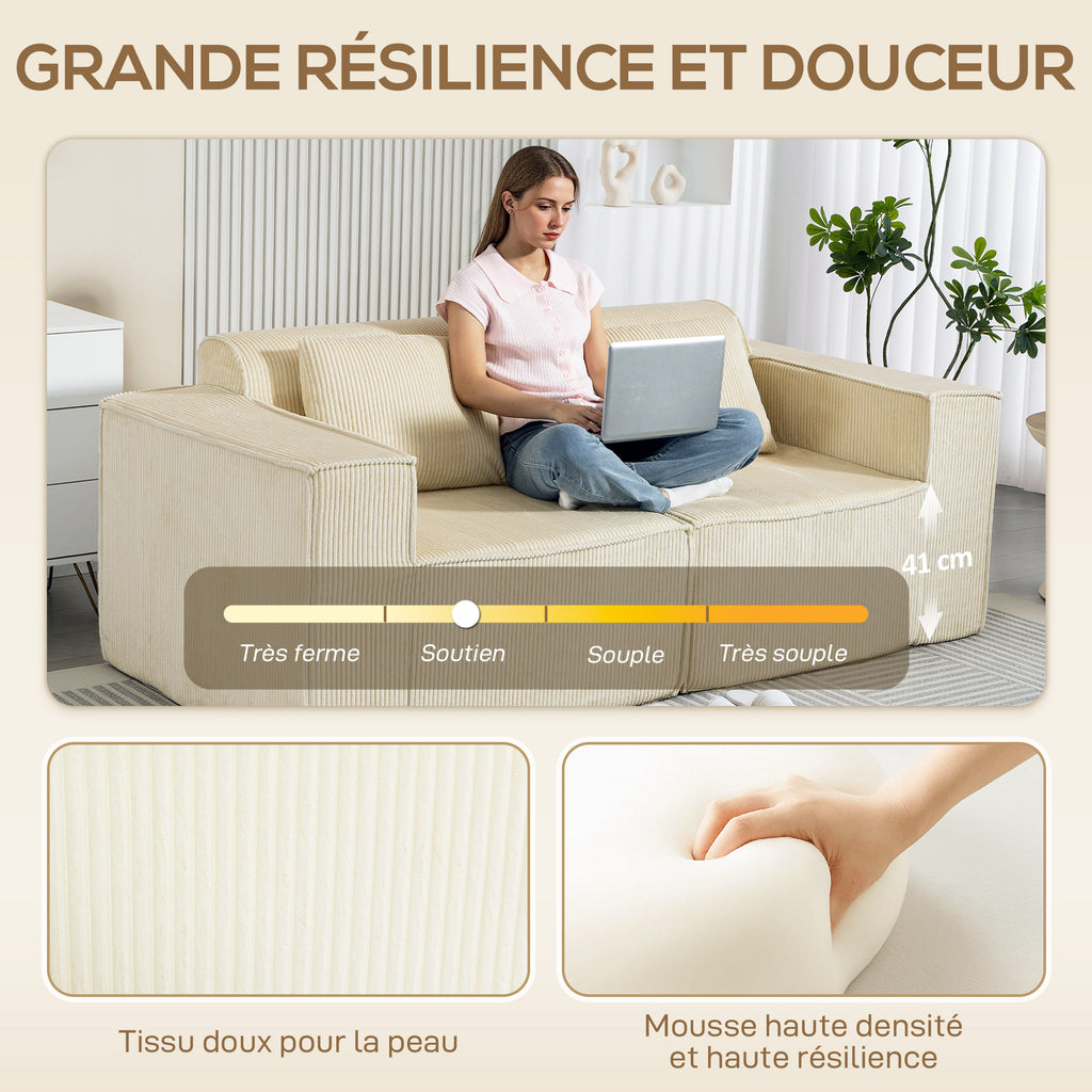 Canapé 3 places en velours côtelé, canapé rembourré, larges accoudoirs, 2 coussins, pas de montage, 202x90x76cm, beige