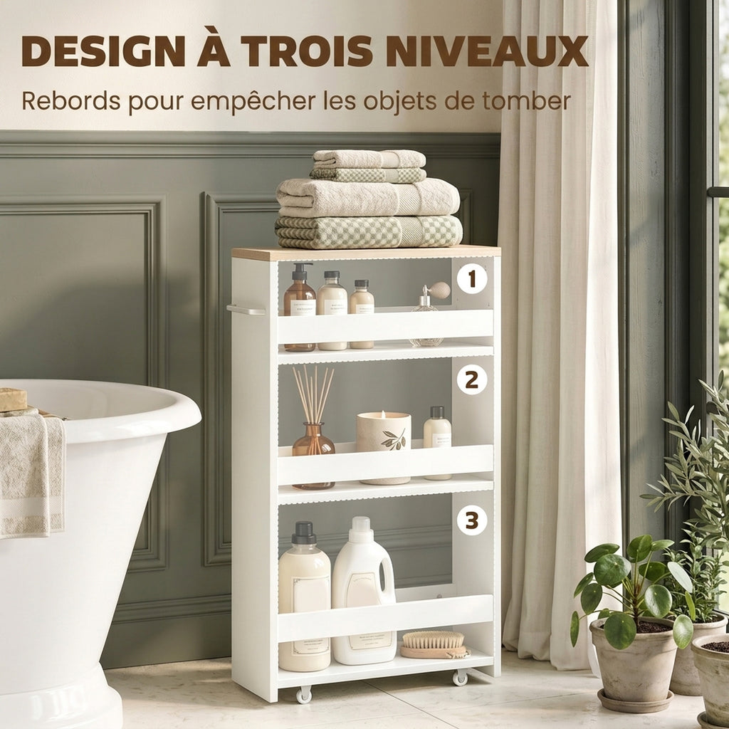 Chariot de rangement à 3 niveaux chariot de stockage étagère sur roulettes pour cuisine étroite salle de bain buanderie bureau avec poignée - 48 x 15 x 80 cm blanc