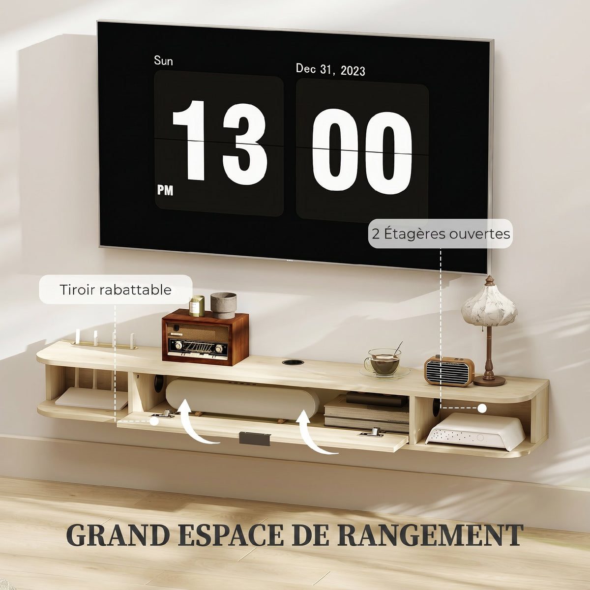 Meuble TV Suspendu Bois Naturel 140 cm – Tiroir Rabattable, 2 Étagères, Pour TV jusqu'à 60"