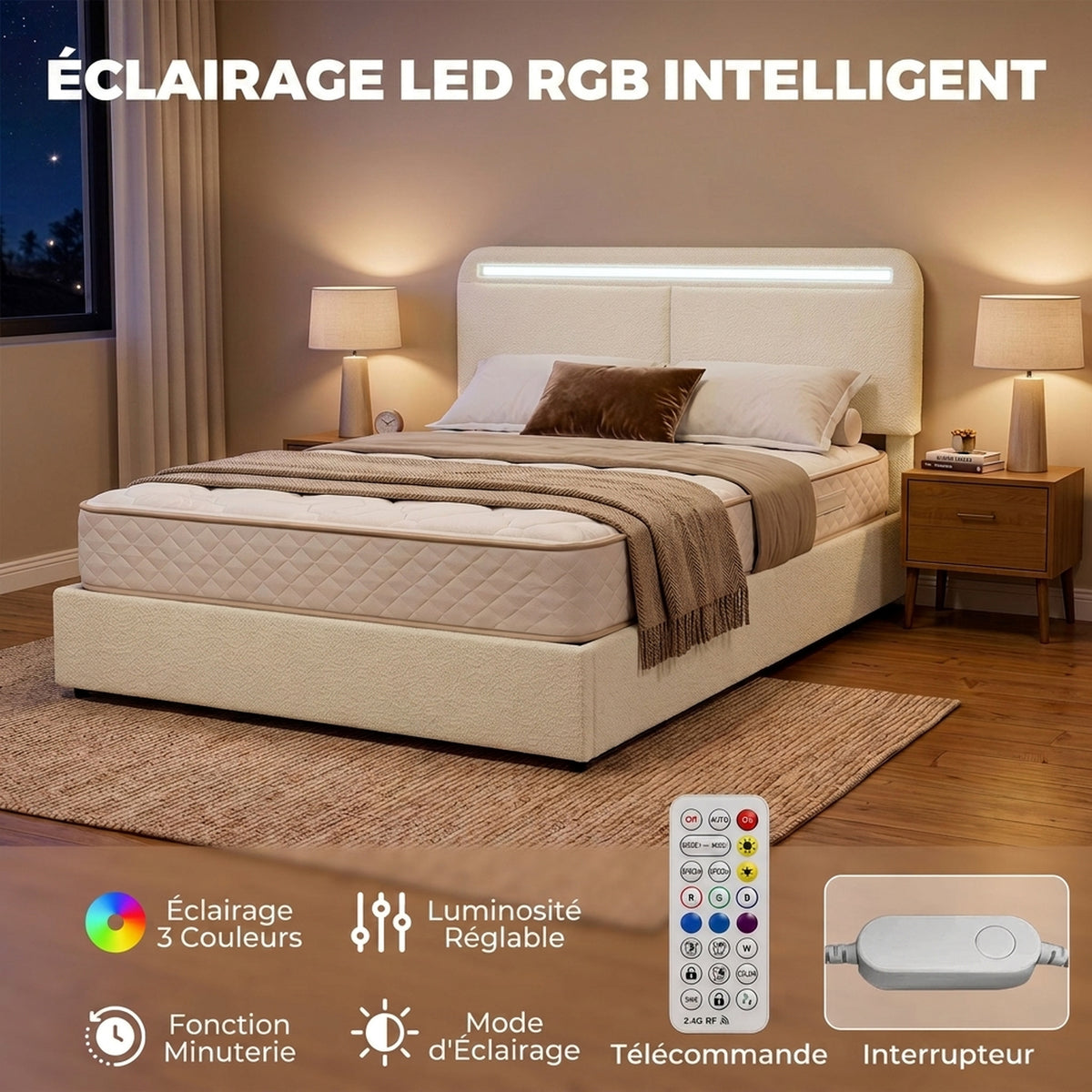 Lit Coffre 140 x 190 cm, LED RGB, Tête Réglable, Cadre de Lit Double Rembourré Velours, Rangement Hydraulique, Crème