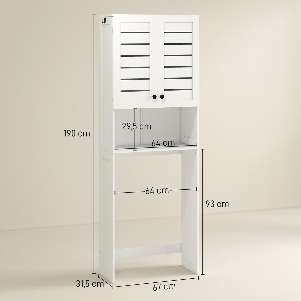 Meuble WC dessus de toilette/machine à laver avec placard à porte double, portes à persiennes, 67x31,5x190cm, blanc