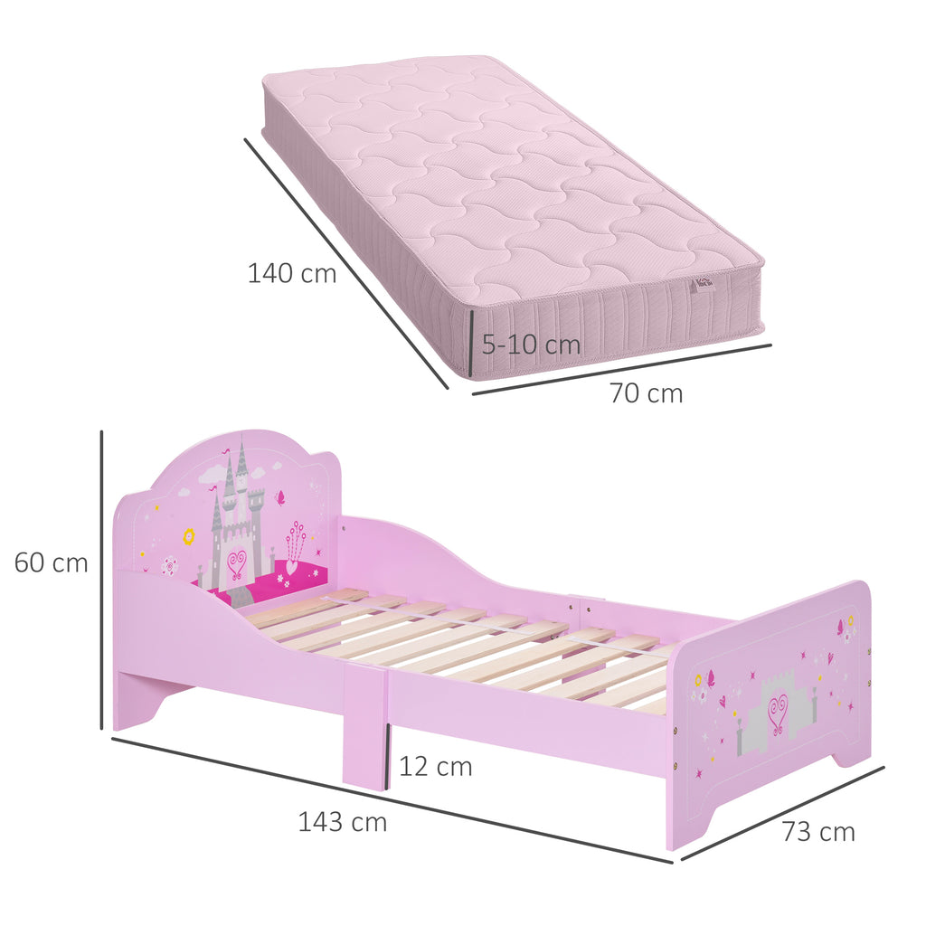Lit Enfant 140 x 70 cm - lit d'enfant Design Princesse Motif château - sommier à Lattes Inclus - MDF Contre-plaqué Rose