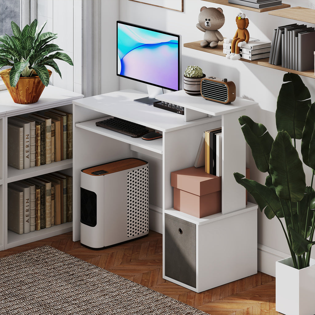 Bureau Informatique multimédia étagères Tablette Clavier Panier Gris Panneaux Particules Blanc