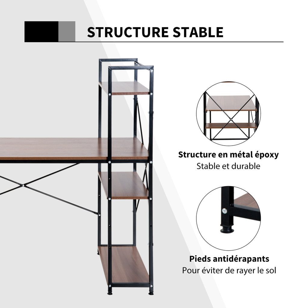 Bureau d'angle avec rangement design Industriel avec bibliothèque 3 étagères panneaux particules aspect noyer