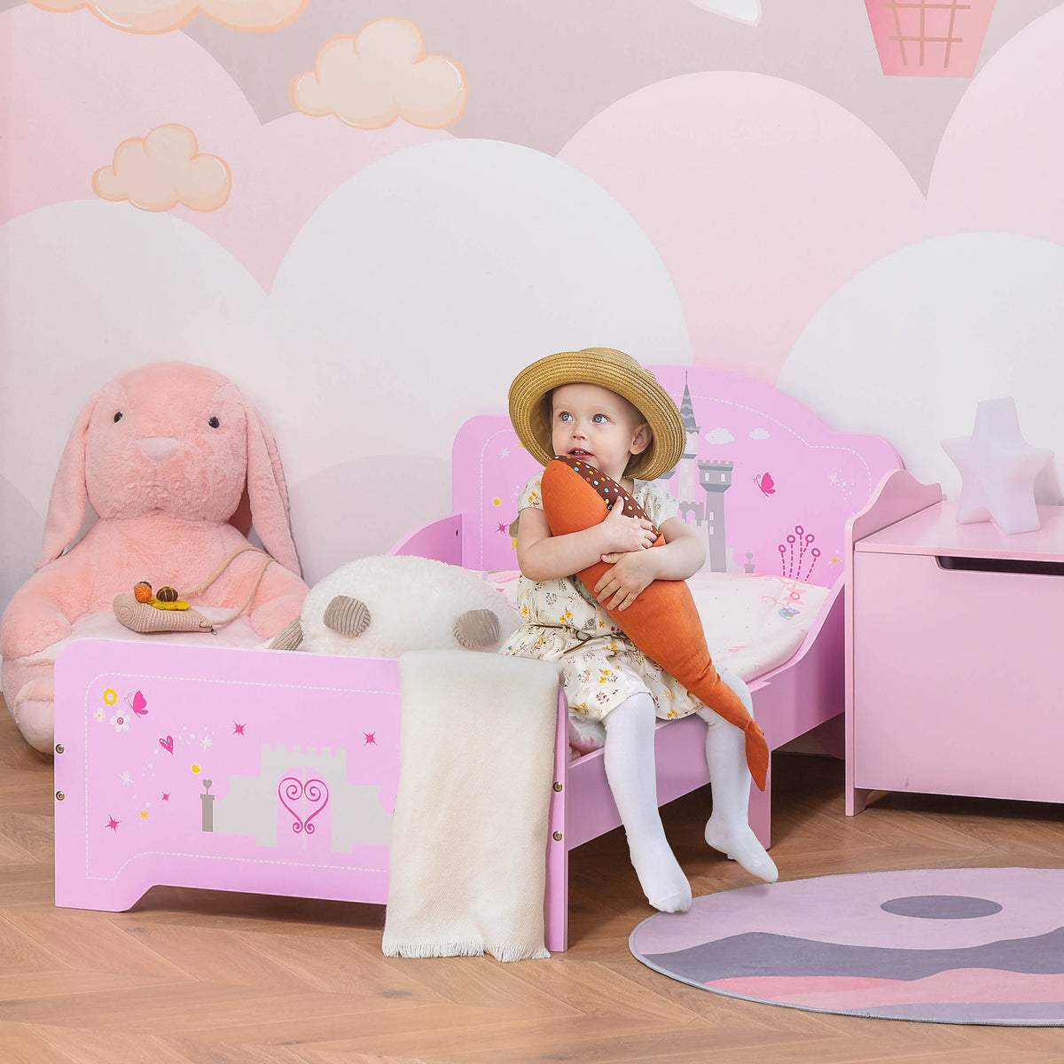 Lit Enfant 140 x 70 cm - lit d'enfant Design Princesse Motif château - sommier à Lattes Inclus - MDF Contre-plaqué Rose