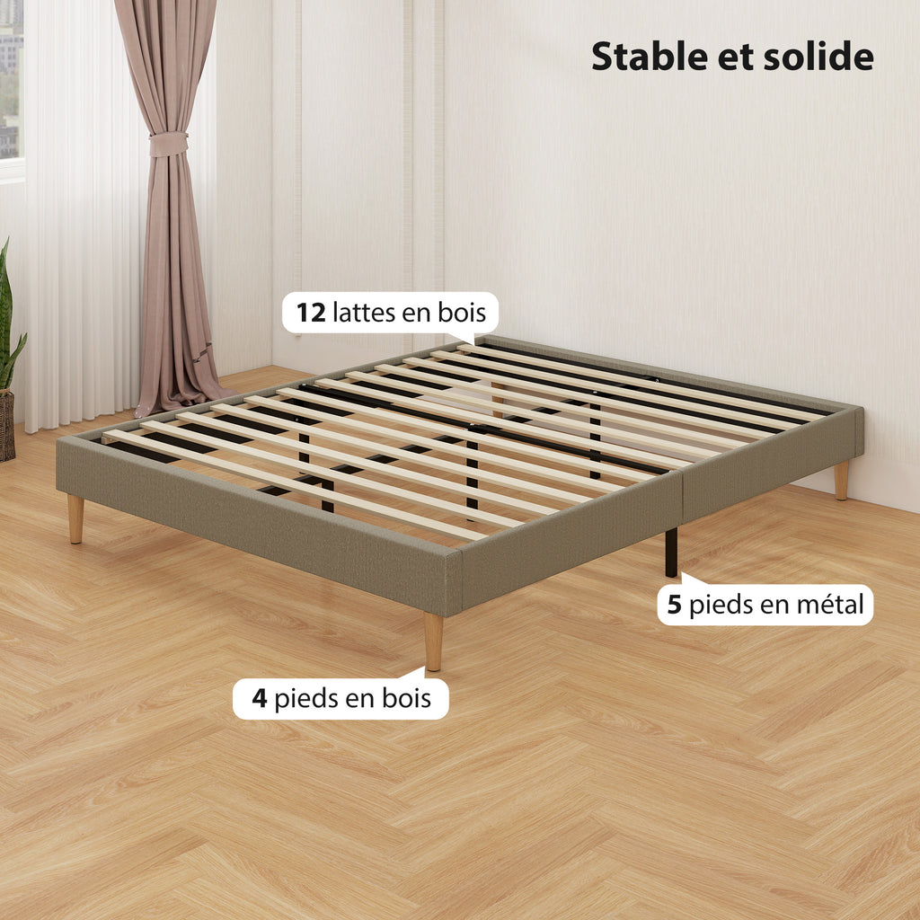 Cadre de lit 160 x 200 cm avec sommier à lattes en bois, lit double rembourré en velours côtelé, gris