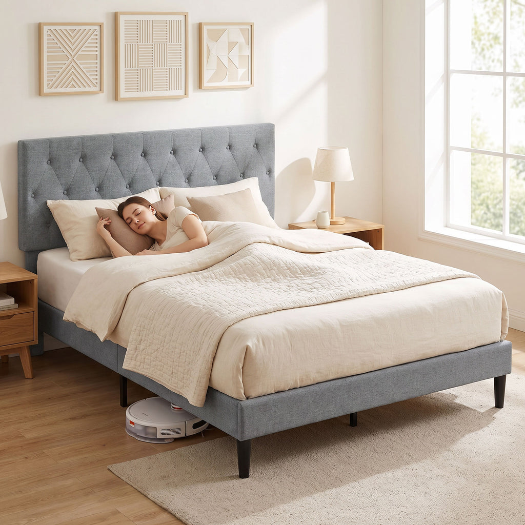 Cadre de Lit 140 x 190 cm avec Sommier, Lit Double Rembourré en Lin, Tête Capitonnée, Support à 10 Lattes, Gris