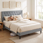 Cadre de Lit 140 x 190 cm avec Sommier, Lit Double Rembourré en Lin, Tête Capitonnée, Support à 10 Lattes, Gris