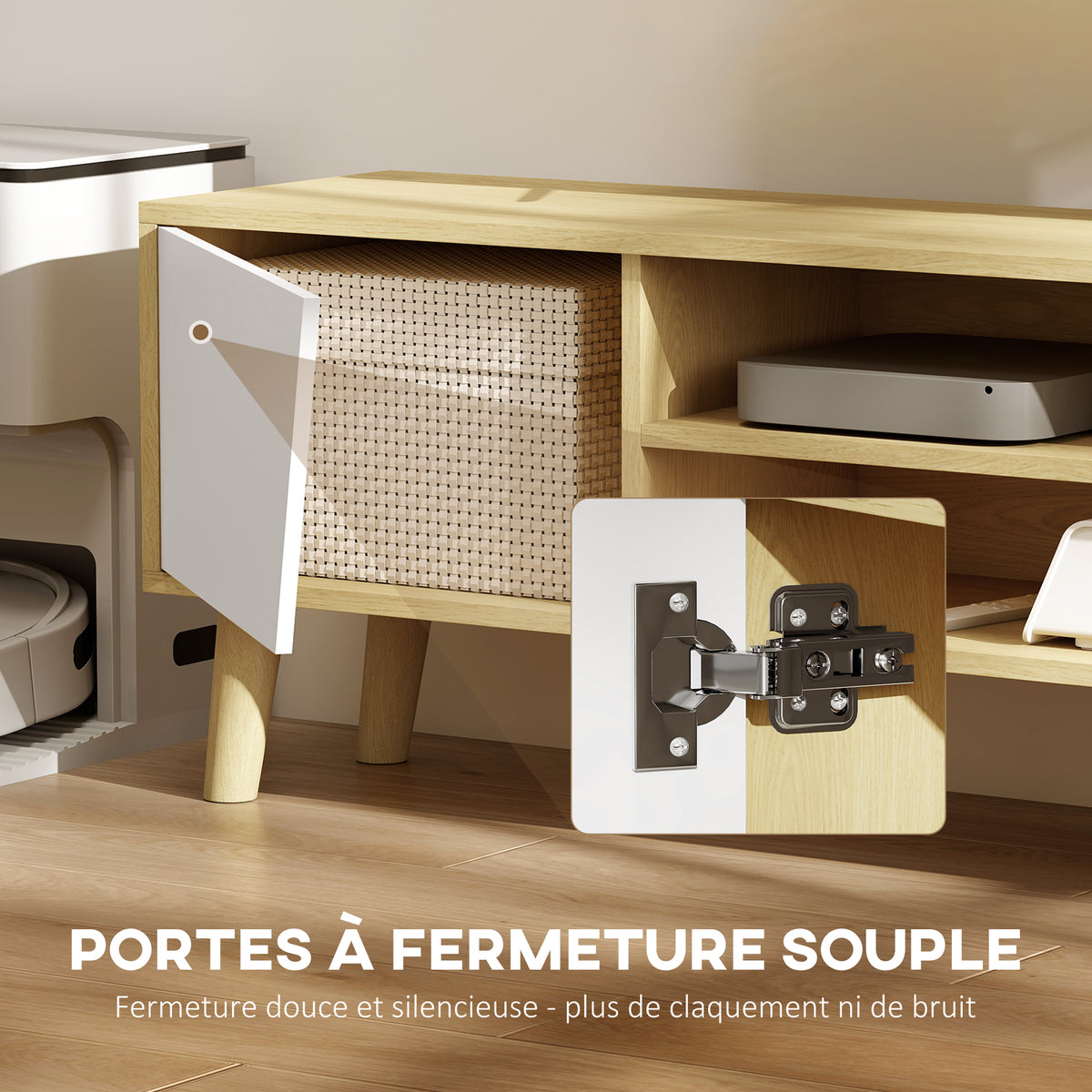 Meuble TV Scandinave 150 cm – 2 Portes, 2 Niches, Passe-Câbles – Pour TV jusqu'à 65"